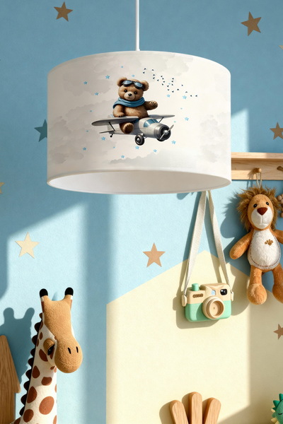 EVPANYA Gri Uçaklı Ayıcık Desenli Çocuk Odası Avize