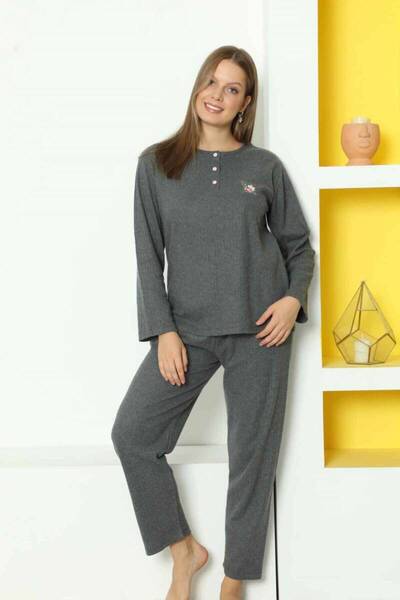 İpek Women's Long Sleeve Striped Pattern Embroidered 100% Cotton Pajama Set
