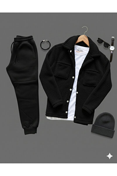 NİCE New Season Men's Set Bottom Top Plush Shirt- Sweatpants Long Sleeve Bottom Top Set