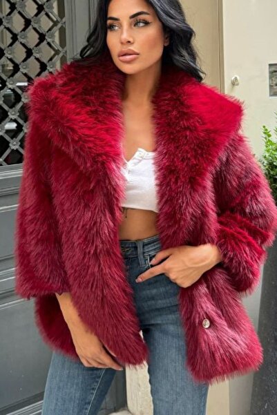 Ronasia İthal ZR Geniş Yaka Çıt Çıt ve Cep Detaylı Premium Lolita Kürk - Kırmızı