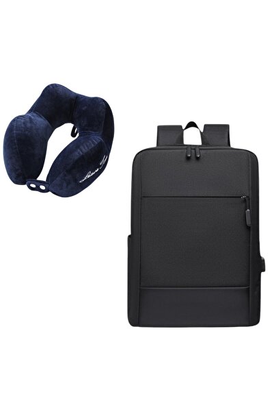 OEM Business/school backpack, waterproof, side USB charging, 15.5 inch, black and travel pillow