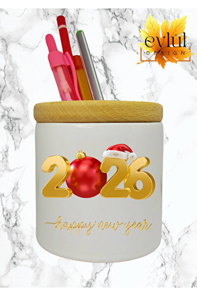 Eylül Design 2026 New Year Christmas Themed Printed Ceramic Desktop Pen Holde...