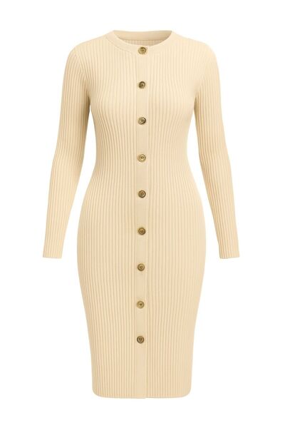 SBR Rochie tricotată cu nasturi aurii, lungă, mulată, cu mânecă lungă, elegantă