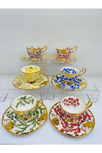 EVRA 6 Kişilik 24K Altın Yaldızlı Yeni El Boyaması Kahve Fincan Takımı m17