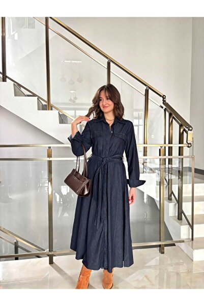 Sude Kızanlıklı Midi Length Denim Shirt Dress with Belt