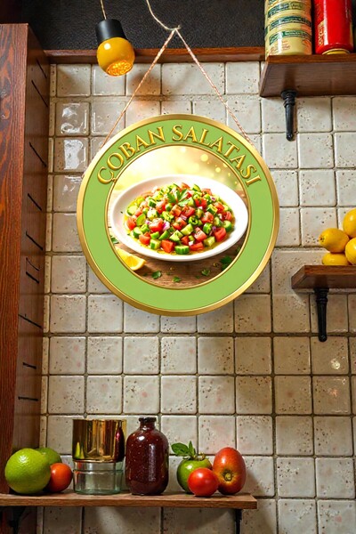 Nod Ornament de perete din lemn cu șnur tematic cu salată de ciobănesc, decor pictural pentru restaurant, magazin de kebab