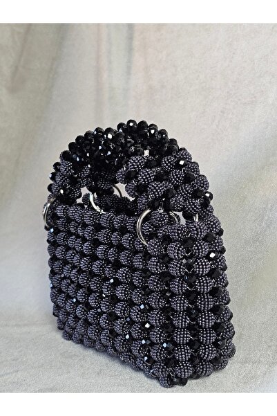 AGH Değerli Hediyeler Hand Knitted Black Bead Bag - Baguette Model with Silver Detail