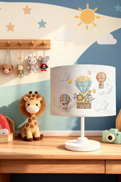 EVPANYA Turuncu Mavi Safari Balon Desenli Çocuk Odası Abajur