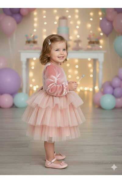 penu baby kids Ροζ βελούδινο υφασμάτινο φόρεμα με στρώσεις για κοριτσάκια