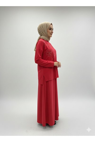 ribana Women's Crew Neck Floral Embroidered Sweatshirt with Slit Detail, Elastic Waist Skirt Hijab Set
