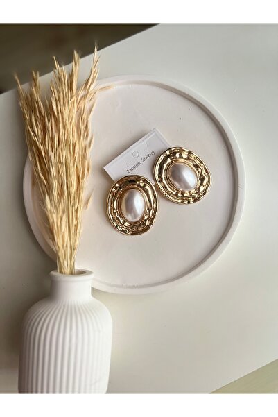 BusradanDesign Ezme Gold Plaka Detaylı Büyük İnci Küpe