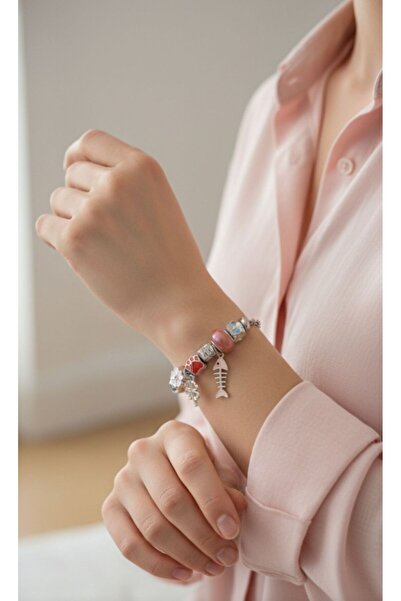 AKSESUARIM Women's Steel Bracelet with Paw and Fish Detail