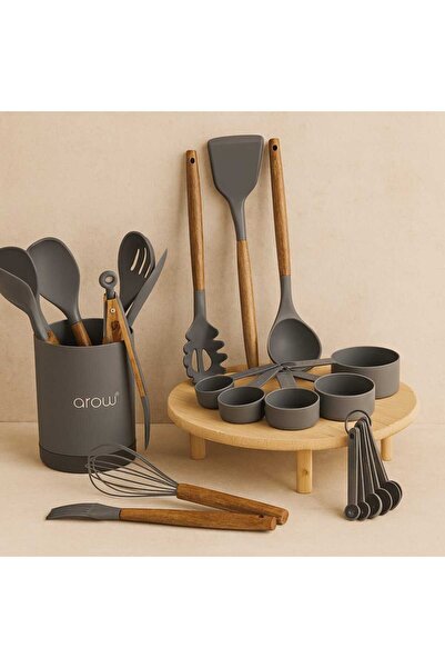 Evanev Maylis Akasya Ağacı Saplı 22 Parça Silikon Mutfak Seti Gri (SÜPER FİYAT)