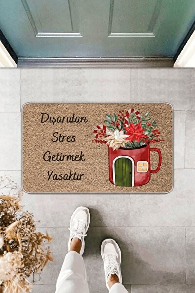 Suare Concept Bej Çiçekli Stres Getirmek Yasaktır Kapı Önü Paspası KP13
