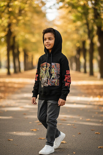 Erkek Çocuk Baskılı Kapüşonlu Sweatshirt – Bordo