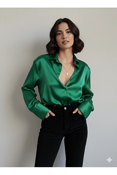 Maxi İdol Kadın Siyah Oversize Saten Gömlek