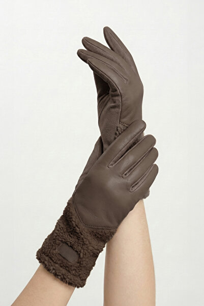 robanu Kahverengi Süet ve Deri Dokulu Kuzu Yünü Detaylı Şık Kadın Kışlık Eldiven