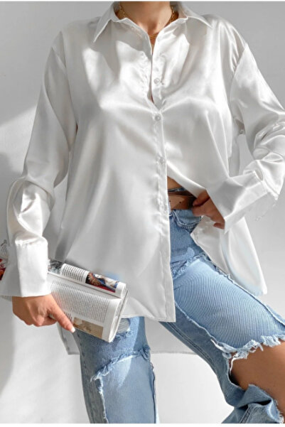Maxi İdol Kadın Beyaz Oversize Saten Gömlek
