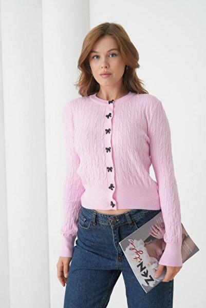 mysimy Women's Circular Neck Button Detail Hair Braiding Soft Textured Knitwe...