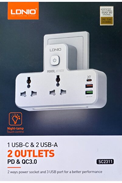 Generic LDNIO SC2311 Power Strip: 2-Outlet, Night-Lamp, PD/QC3.0 Fast Charging Hub (USB-C & 2 USB-A)