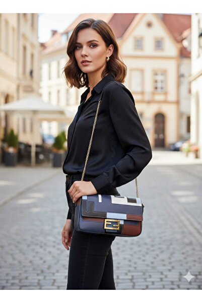 Generic A rectangular shoulder bag with a geometric design and harmonious colors adds a touch of luxury to the look.
