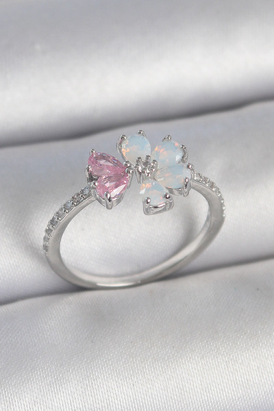 Skygo Brass Silver Color White Enamel Pink Zircon Stone Flower Model Women's ...