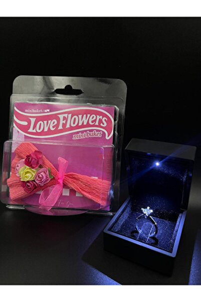 Sepetten Eve Love Flowers Mini Buket ve Işıklı Kutuda Gümüş Kaplama tektaş yüzük Sevgiliye hediye Yılbaşı Hediye