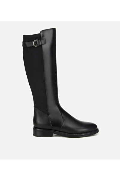 Hotiç Kadın Deri Siyah Tokalı Streç Detaylı Düz Çizme