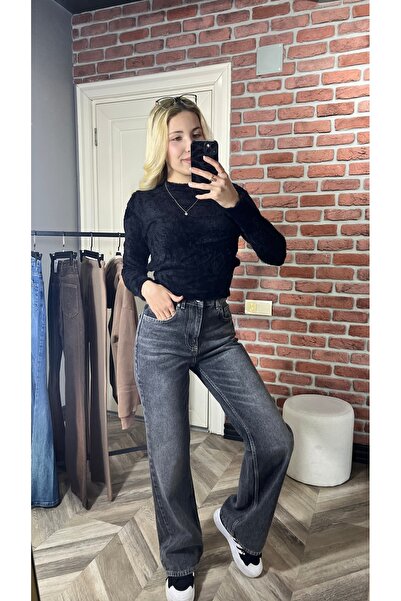 BRN Butik Kadın Yüksek Bel Bol Paça Jean Pantolon - Gri