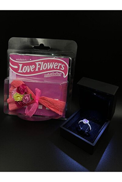 Sepetten Eve Love Flowers Mini Buket ve Işıklı Kutuda Gümüş Kaplama Kalpli yü...