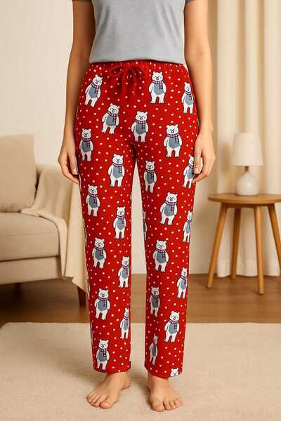 MİSS ADELLA Women's Micro Suede Pocketless Winter Home Polar Bear Dots Red Trackpants