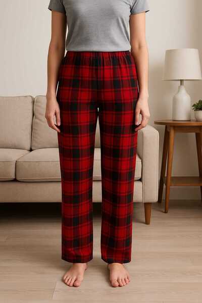 MİSS ADELLA Women's Micro Suede Pocketless Winter Home Red Square Striped Trackpants