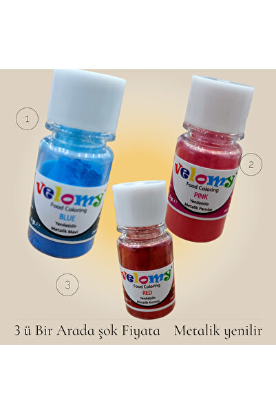 velomy Metalik Yenilebilir Kırmızı Pembe Mavi 3 Lü Set 4 gr Toplam 12 gr