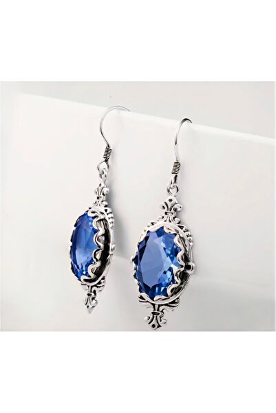 luveay jewelry Gümüş Kaplama Safir Mavisi Taşlı Vintage Küpe – Antik İşlemeli...