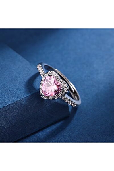 CAXBERN خاتم قابل للتعديل على شكل قلب وردي مرصع بحجر الزركون