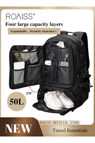 ROAISS حقيبة تسلق الجبال الرياضية الخارجية للرجال، منفذ شحن خارجي، حجرة أحذية مستقلة، مقاس كبير