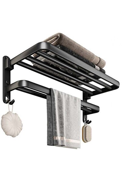 Saharaz رف مناشف مزدوج بدون ثقوب في الحمام، رف مناشف حمام مع خطافات باللون ال...