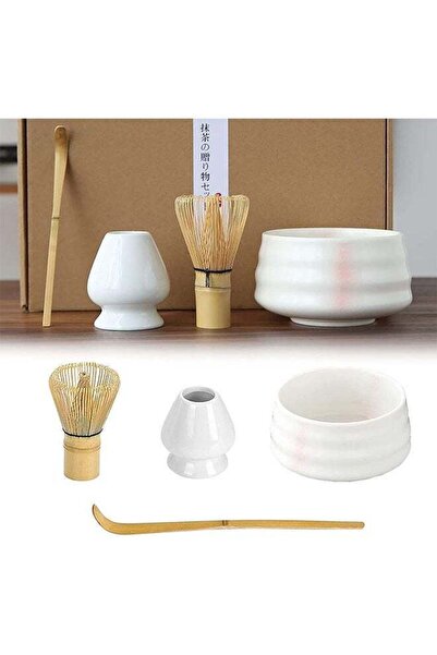 Saharaz طقم توزيع شاي مكون من 4 قطع، ملعقة شاي/ملعقة ماتشا/وعاء ماتشا/حامل خفاقة، من البورسلين الوردي والأبيض