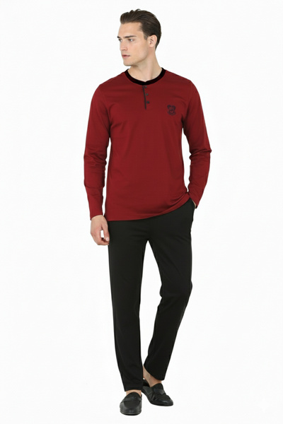 D'S Damat Ds Damat Regular Fit Cotton Pajama Set Bordo-Si̇yah