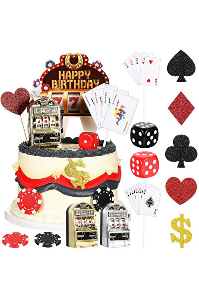 Choice مجموعة ديكورات كعكة الكازينو المكونة من 21 قطعة مع ماكينة القمار الصغيرة وأغطية الكب كيك على شكل بوكر لكازينو لاس فيغاس
