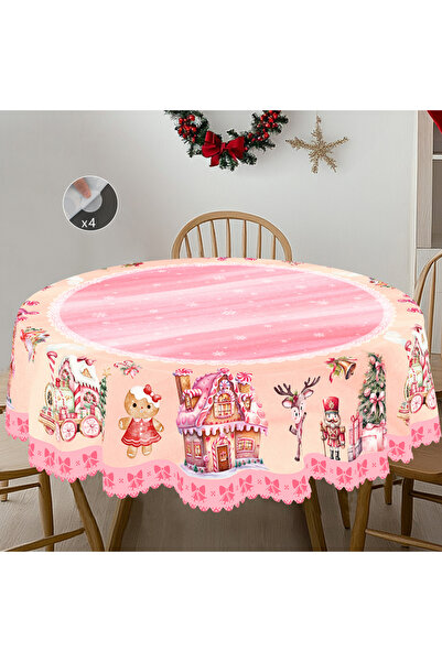 Choice Round (152)Cm S238 1 Piece Merry Christmas Themed Pink Printed Tablecl...