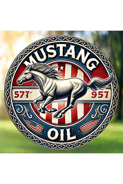 Choice لافتة معدنية مستديرة عتيقة سوداء مقاس 8 × 8 بوصة (20 × 20 سم) - "MUSTANG 577° 957° OIL" مع حصان راكض