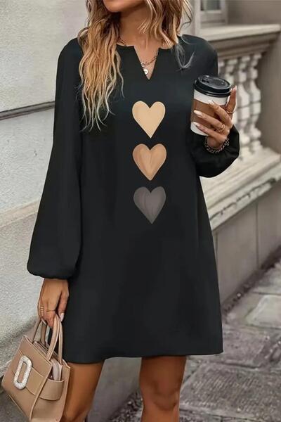 Mossta V-Neck Heart Patterned Short Imported Crepe Dress - Black