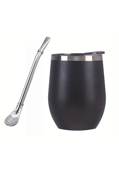 Choice طقم أكواب يربا ميت أسود سعة 350 مل معزول من الفولاذ المقاوم للصدأ مع غطاء وقشة وجدار مزدوج