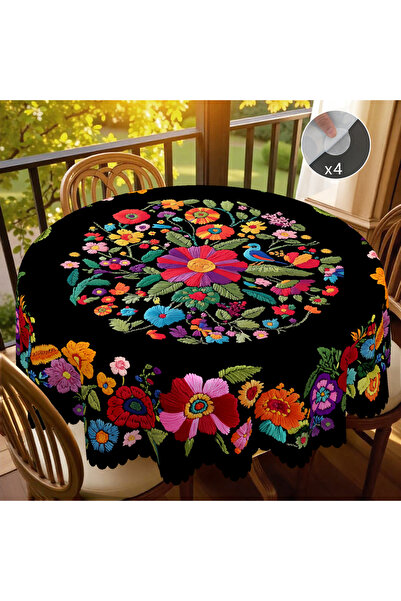 Choice مستطيل - 152 × 305 سم، قطعة واحدة، مفرش طاولة مزخرف بزهور ملونة على الطراز المكسيكي النابض بالحياة + 4 قطع من ذاتية اللصق