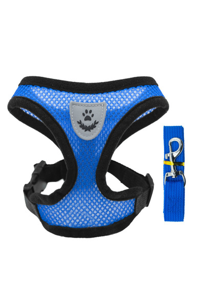 Choice سترة تسخير قطط جديدة باللون الأزرق S، مقود للمشي لجرو الكلب، طوق من البوليستر قابل للتعديل، حزام شبكي للكلاب