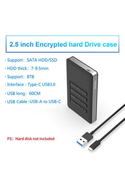 Choice علبة قرص صلب SATA أسود من النوع C USB 3.0 مع شريحة AES-256 عسكرية محدثة مشفرة بدون براغي