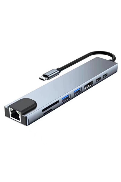 Choice محول USB 8 في 1 من النوع C 3.1 إلى 4K HDTV Hub باللون الرمادي مع قارئ بطاقات SD TF 100M RJ45 وشحن سريع من أجل