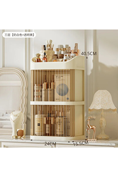 Choice كريمي أصفر - ثلاثة صناديق تخزين مكياج كبيرة السعة لطاولة الزينة ورف تخ...