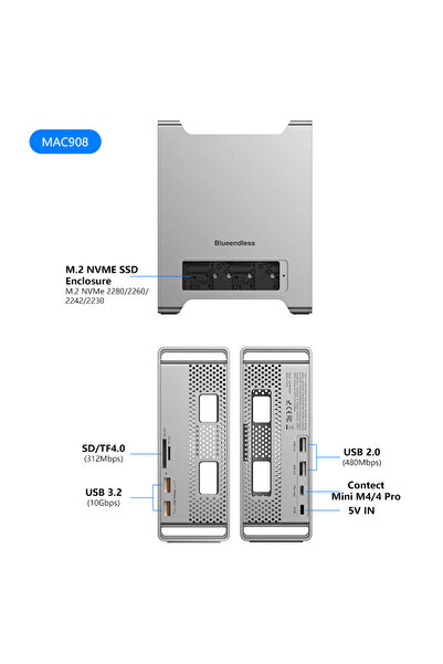 Choice MAC 908 Blueendless ssd docking For 2024 MAC Mini M4/M4 Pro Stand with M.2 NVMe SSD enclosure 4K/60H